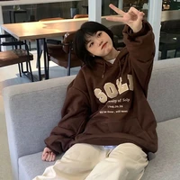 autumn and winter new korean version loose trend hooded pullover letter printing sweater plus velvet thick thick warm top