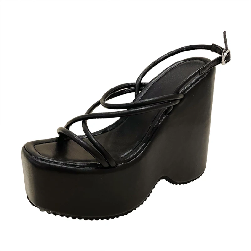 2022 Platform Narrowstrap Open Toe Hollow Women's Sandals Summer Wedges14CM High Heels Solid Color Simple Gladiator Bread Shoes