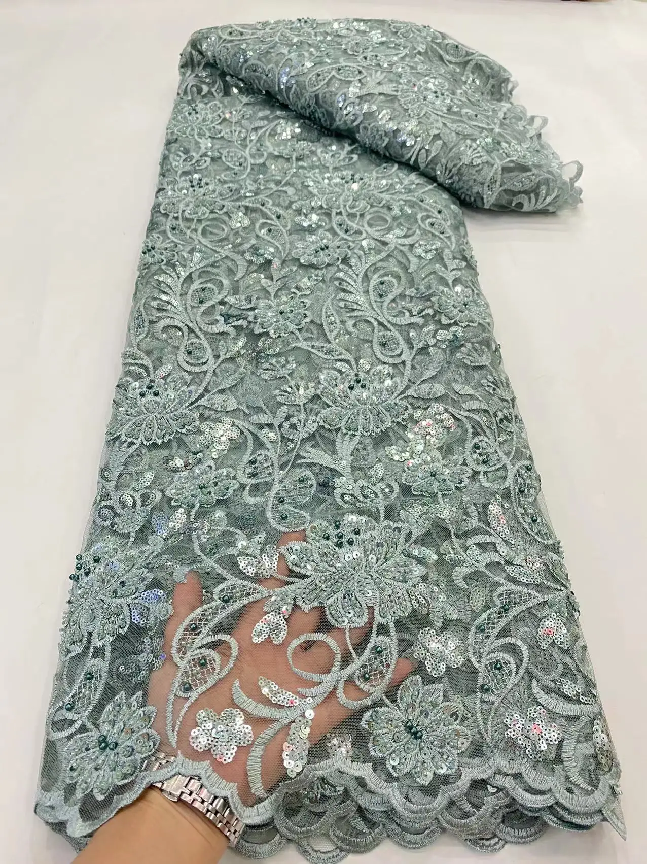 

French Handmade Sequin With Beaded Lace Fabric 2022 High Quality African Pearl Tulle Fabric Nigeria For Wedding Prom Dresses Sew