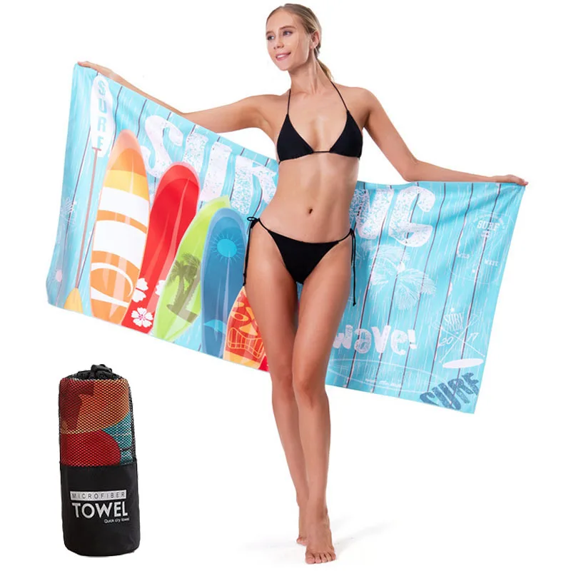 

Новое быстросохнущее пляжное полотенце из микрофибры с портативной сумкой для хранения, плавательное банное полотенце с принтом, двухстороннее мягкое Впитывающее бархатное полотенце