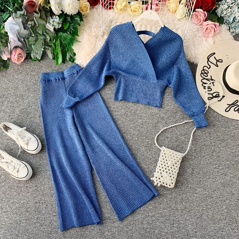 

Elgant Fashion Women Shining Knitted Two Pieces Set Autumn Winter V Neck Bat Sleeve Sweater Top + Elastic Wide Leg Long Pants