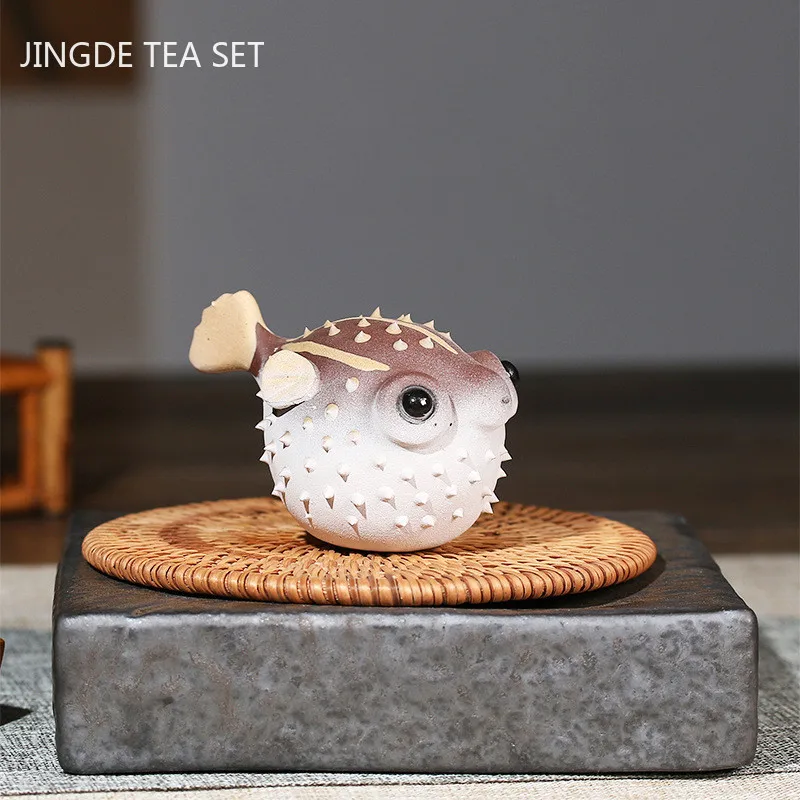 

2Pcs Boutique Purple Clay Tea Pet Ornaments Handmade Puffer Fish Sculpture Tea Art Decoration Flower Pot Tea Tray Decor Crafts