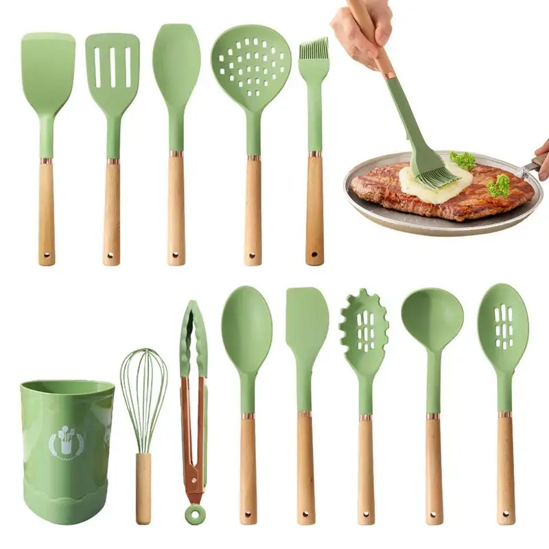 

Silicone Kitchenware Set 13pcs Nonstick Cooking Utensils With Wood Handle Anti-scald Tool Food Grade 428F Heat-Resistant