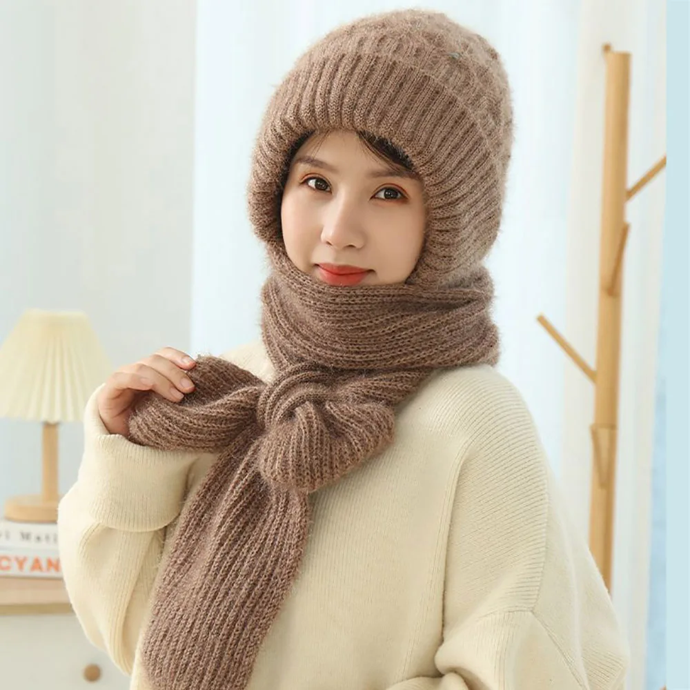 

Plush Hat And Scarf All In One Knitted Women Winter Warm Hat Scarf Thickened Hooded Ear Protection Outdoor Ski Female Beanie Cap
