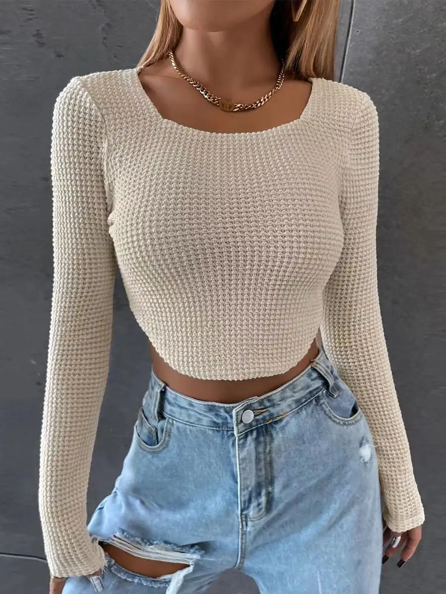 

Женская футболка с длинным рукавом, трикотажная короткая облегающая футболка в Корейском стиле, уличная одежда Y2k, весна-осень 2023