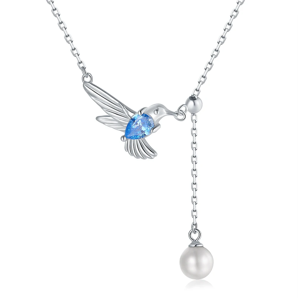 

925 Sterling Silver Ajustable Cute Animal Hummingbird Pearl Crystal Pendant Necklaces Jewelry Gifts For Women Wife Mom Daughters
