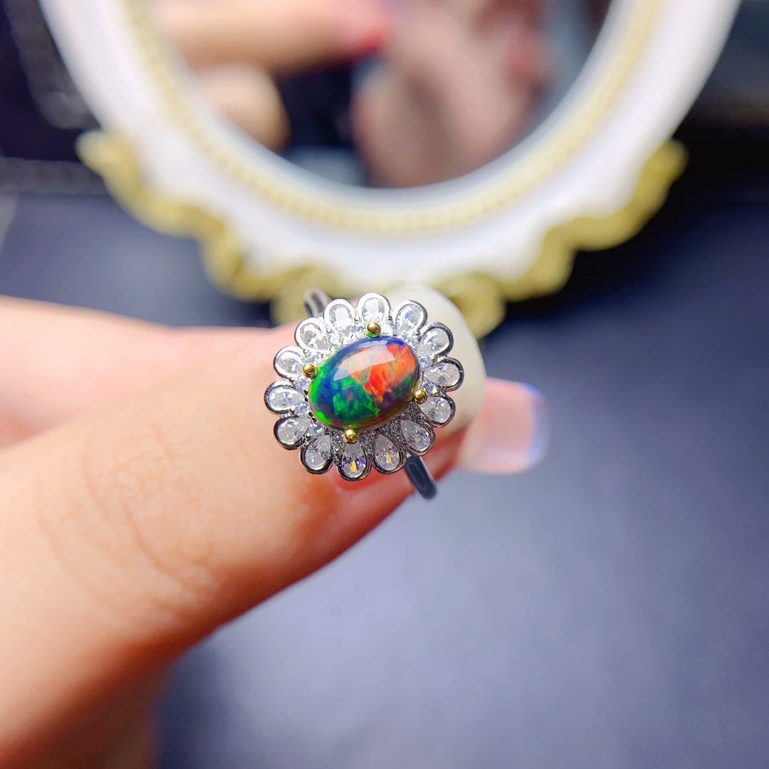 

S925 Sterling Silver Black Opal Natural Gem Jewelry Ring Women's Luxury Women's Necklace with free Christmas shipping