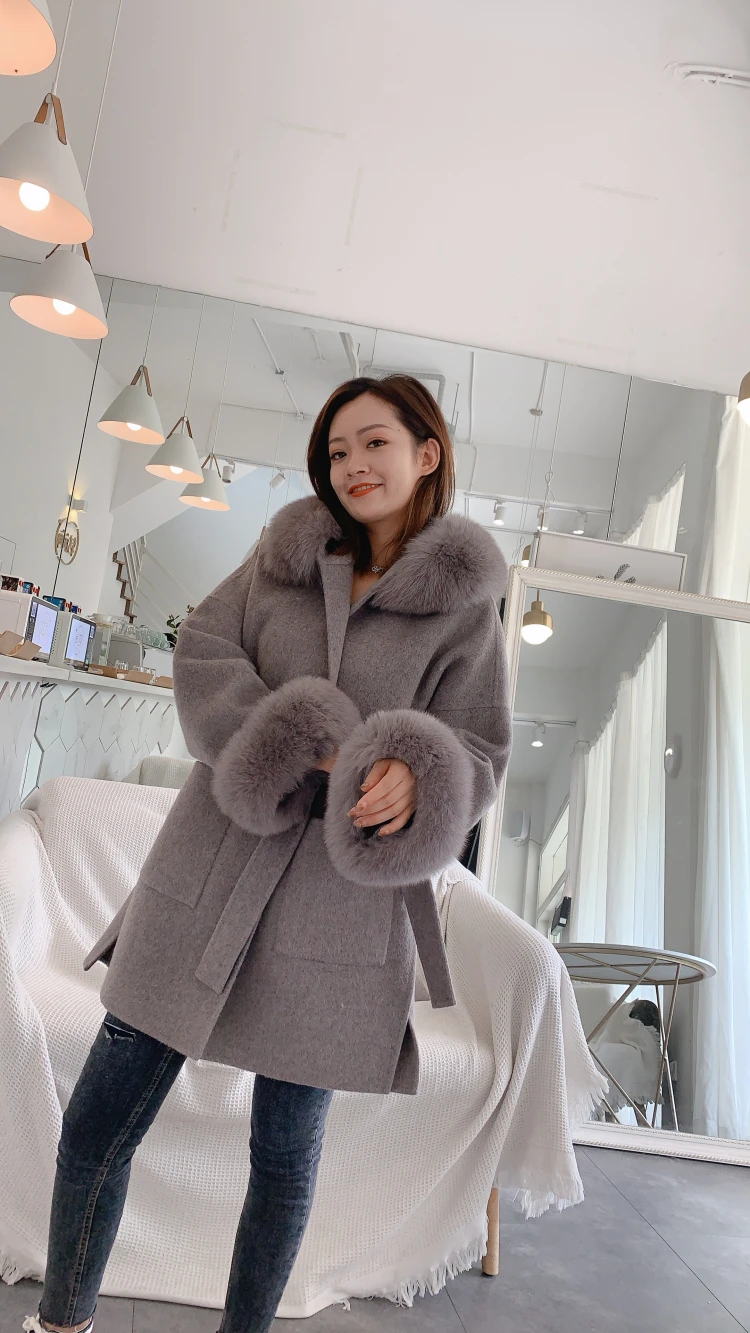2023 New Real Fur Coat Winter Jacket Women Natural Fox Fur Collar Hooded Outerwear Oversize Loose Cashmere Wool Blends Overcoat