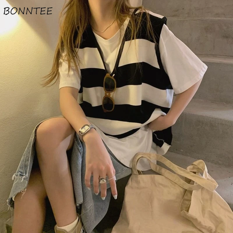 

Женские комплекты из двух предметов в полоску с V-образным вырезом в Корейском стиле повседневные универсальные свободные модные элегантны...