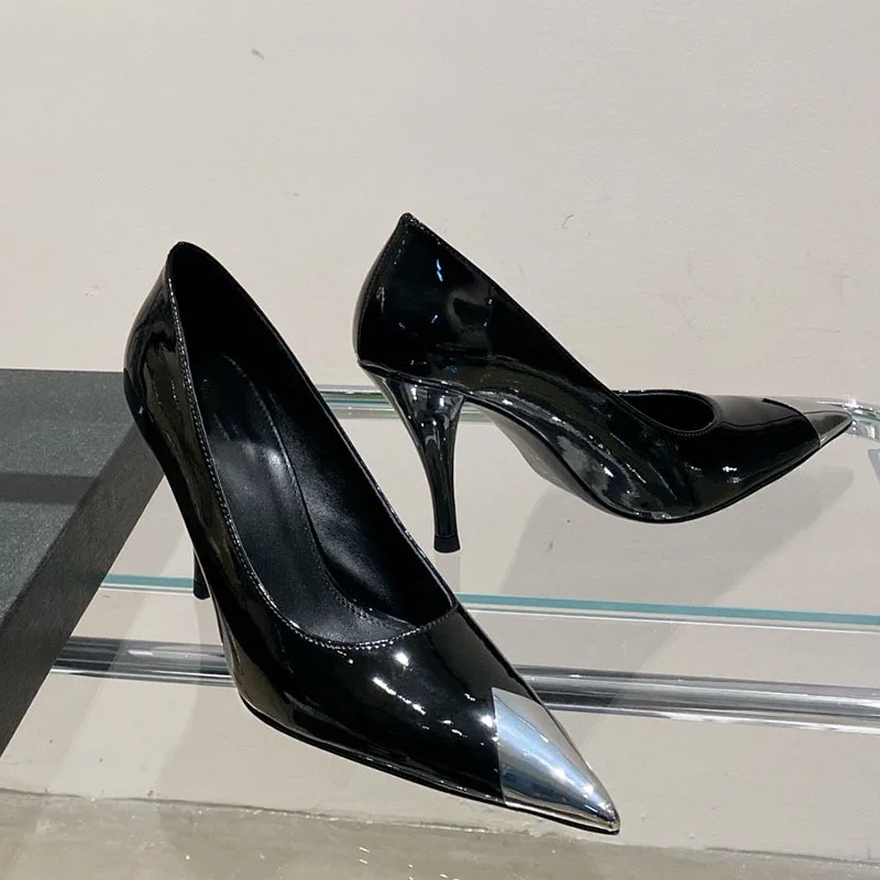 2023 Summer New Metal Pointed Black Lacquer Thin Heel High Heel Shoes Women's Versatile Shallow Mouth Single Shoes