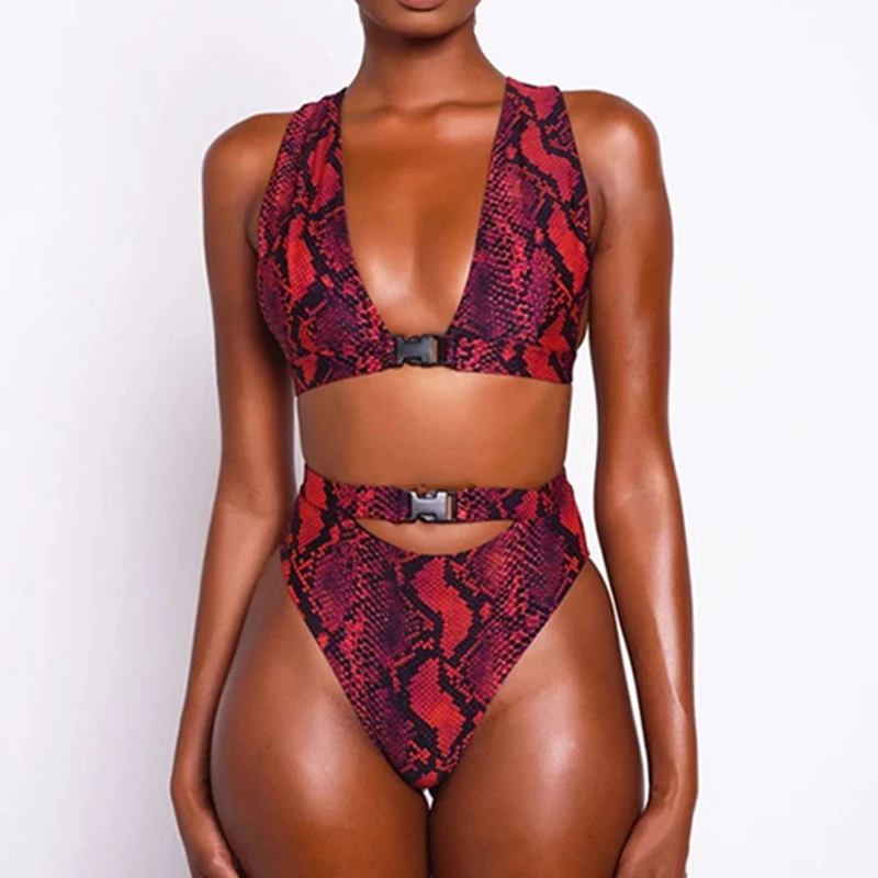 

Buckle High Waist Bikini Set 2021 African Swimwear women swimsuit Sexy Red Snake Print Bathing suit Female Bikinis Brazilian