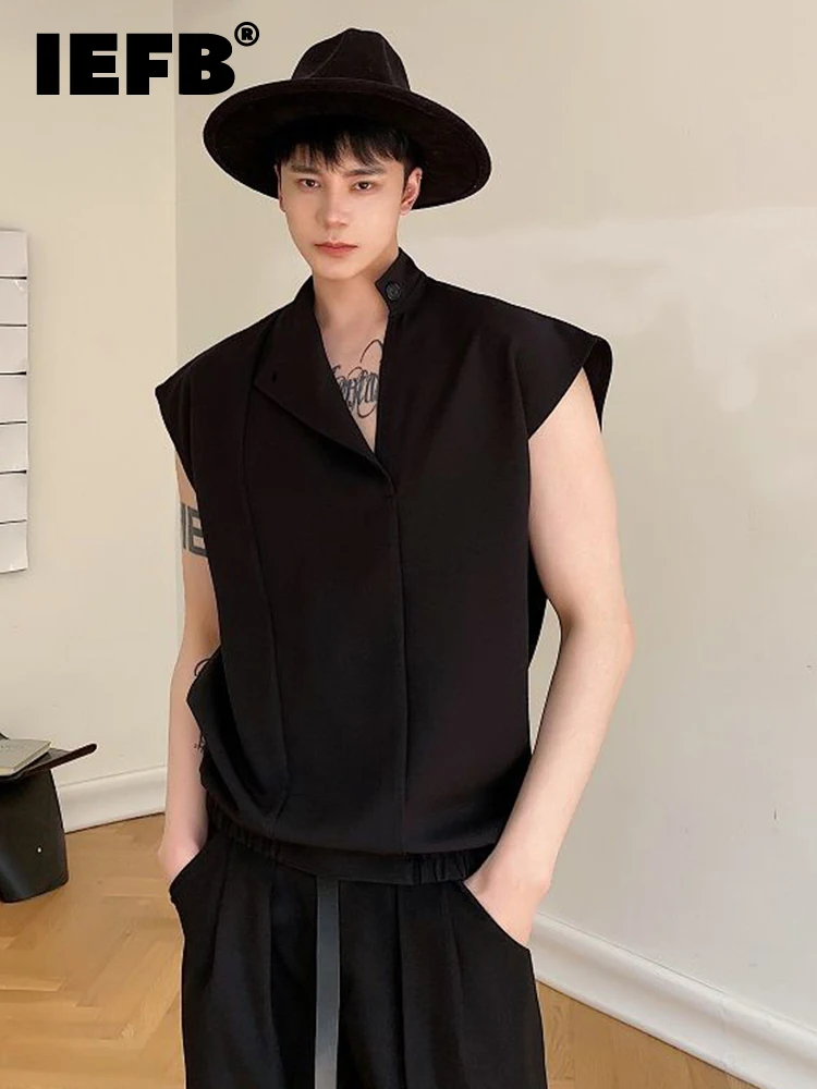 

IEFB Spring Male Solid Color Vest Trendy Sleeveless Short Men's T-shirt 2023 New Fashion Irregular Collar Dark Style 9A3158