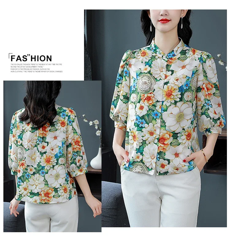 Шифоновая винтажная женская рубашка летняя повседневная блузка с принтом