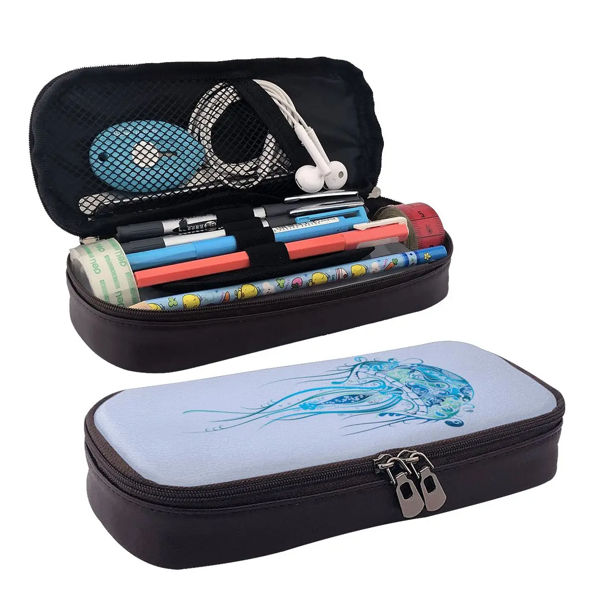 

Blue Jellyfish Leather Pencil Case Zipper Pencil Box Stationery Pen Pouch for Boys Girls School Students Work Office