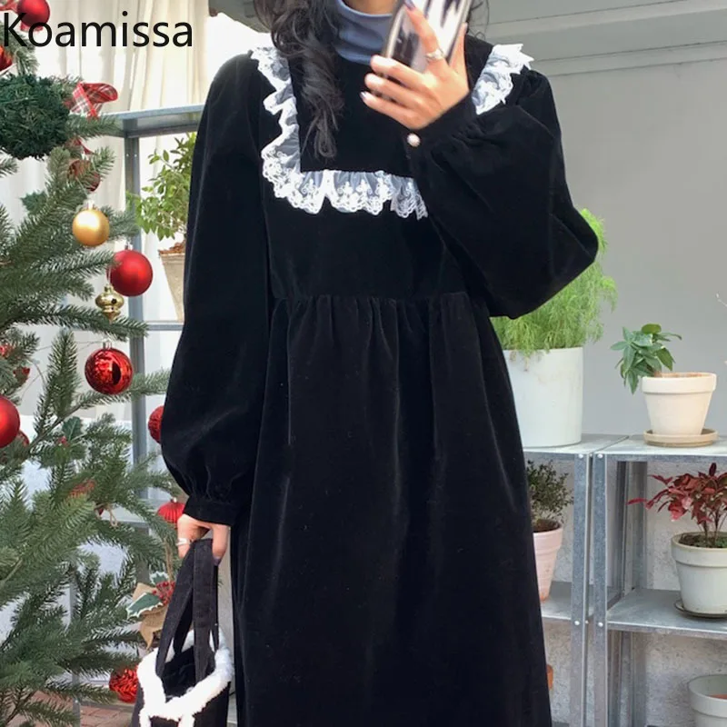 Koamissa Lace Patchwork Woman Loose Solid Straight Dress Long Sleeves O Neck Sweet Spring Dresses Fashioin Lady Chic Vestidos