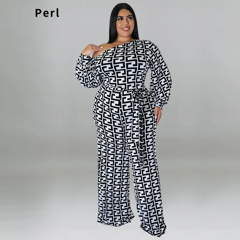 

Perl Autumn Full Sleeve Plus Size Clothing for Women Sets Printed Straight Jumpsuit with Belt Fashion Overall Big Size Rompers