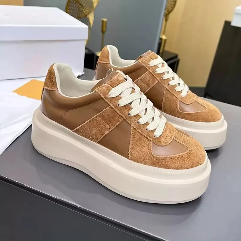 Designer Brand Shoes Thick soled Small Tall Women's Casual Retro Genuine Leather Color blocked De Xun