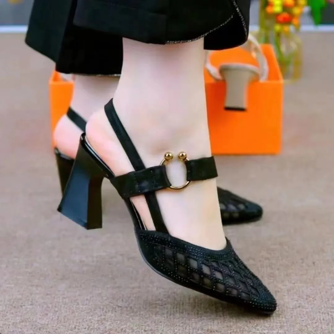 

High Heeled Sandals 2023 New Summer with Thick with The Net Gauze Women's Shoes Pointed Buckle Single Shoes Low with Heels
