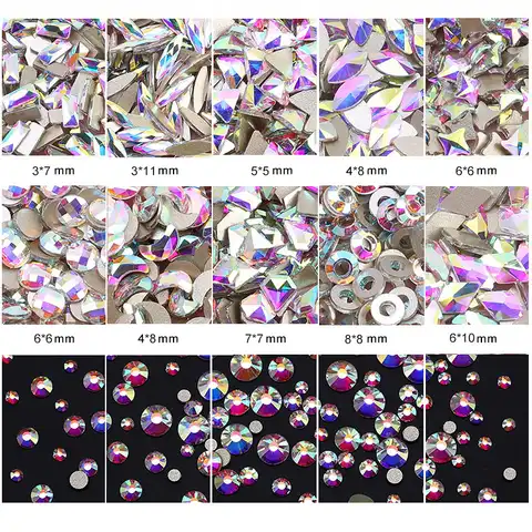 100 pcs White Crystal AB series 3D shiny design of nails of rhinestones without hot fixation FlatBack Diamond precious stones mixed trigger ...
