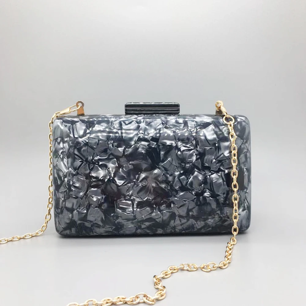 Chic Trendy Black Marble Acrylic Evening Bags Ladies Luxury Elegant Prom Party Clutch New Look Stylish Noble Chain Purse Handbag