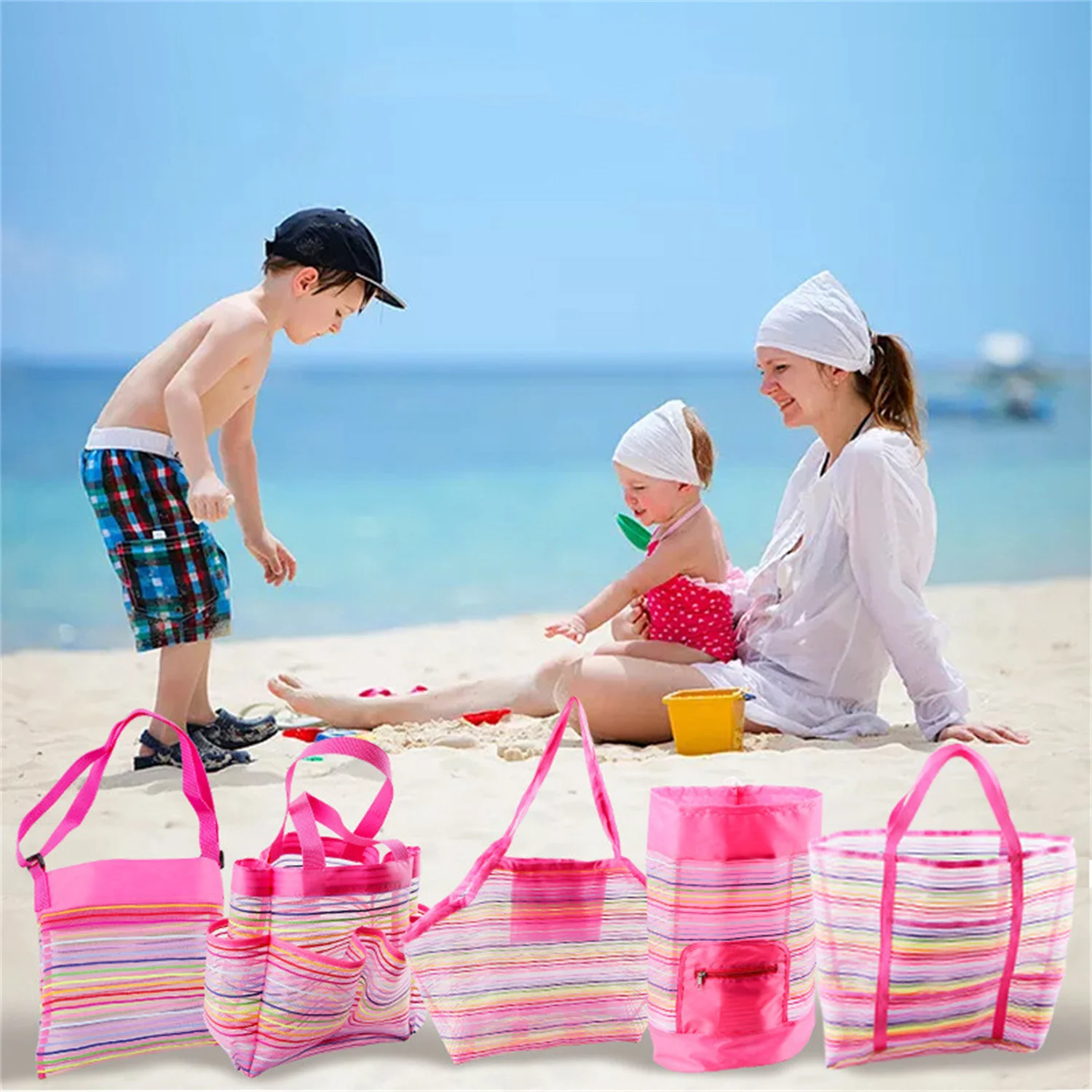 

Multiple Styles Oversized Beach Mesh Bag Portable High Capacity Tote Bag Storage Backpack Rainbow Stripes Bathroom Storage Bag