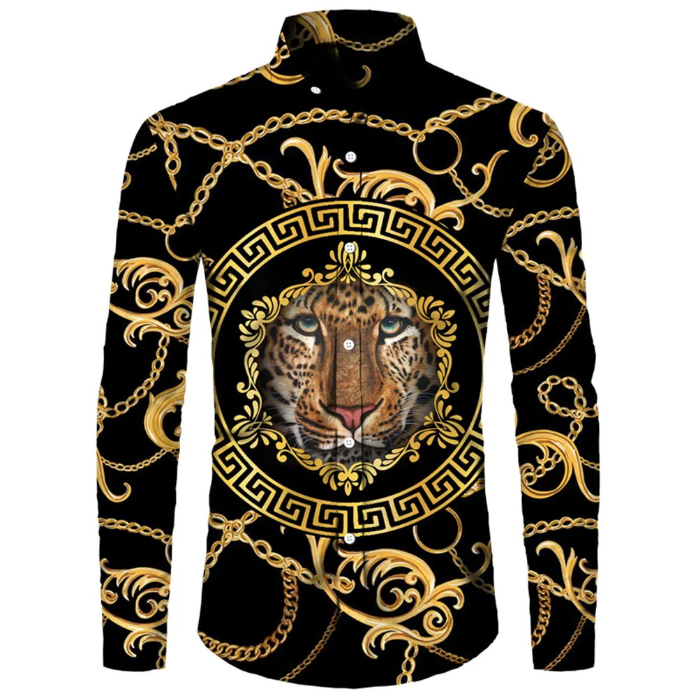 

Golden Lion Pattern 3D Print Men Shirts Long Sleeve Turn-down Collar Button Tops Fashion Baroque Style Men's Streetwear Clothing