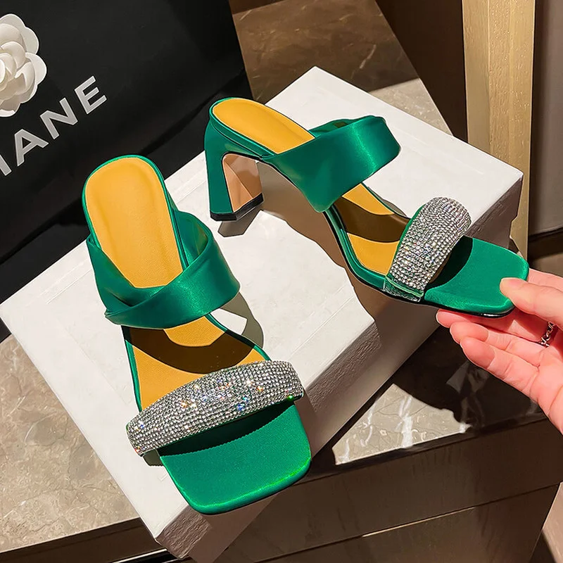 LeShion Of Chanmeb Green Satin Slippers for Women High Heels Spark Crystal Rhinestone Sandals Ladies Summer Outdoor INS Footwear