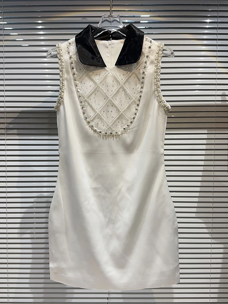 

HIGH STREET Newest Fashion 2023 Designer Women's Contrast Doll Neck Diamonds Beaded Sleeveless Dress