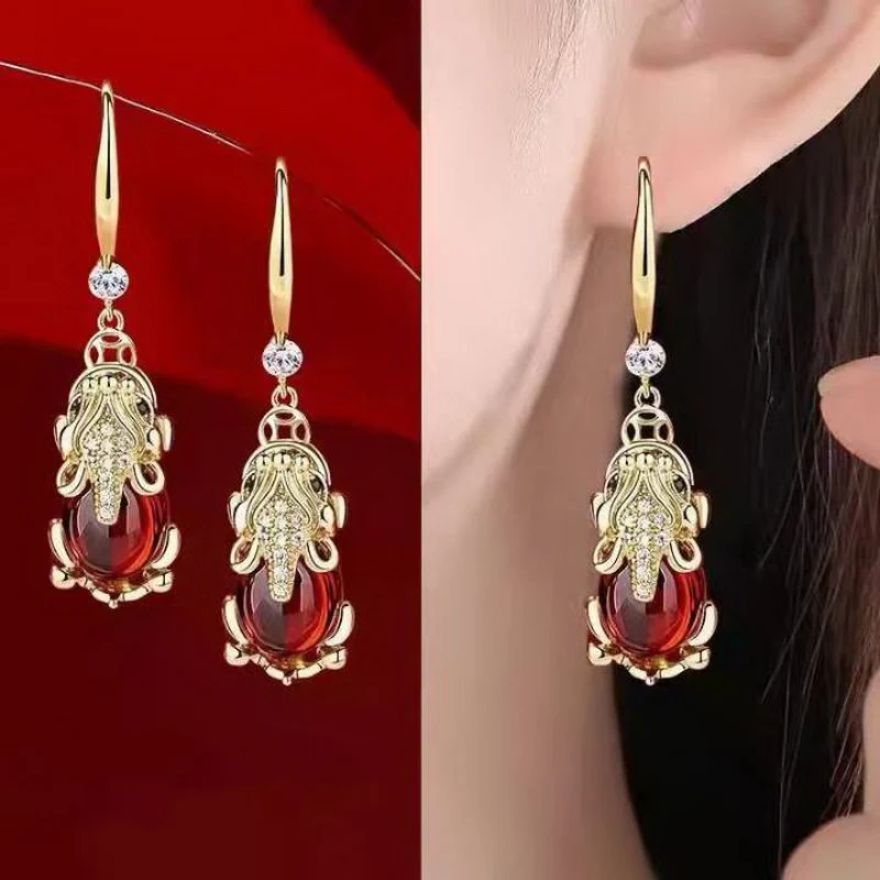 

Chinese Feng Shui Wealth and Good Luck Red Crystal Pixiu Dangle Drop Earrings for Women Retro Piercing Jewelry Party Girl Gifts