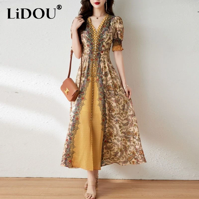 

Женское длинное платье с цветочным принтом, Элегантное повседневное платье составного кроя с V-образным вырезом и коротким рукавом, лето 2023