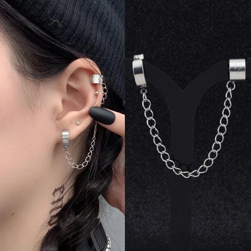 

1pc Clip Earrings With Chain Stainless Steel For Men Women Punk Hoop Ear Cuffs Painless Non Piercing Fake Earring Jewelry Gifts