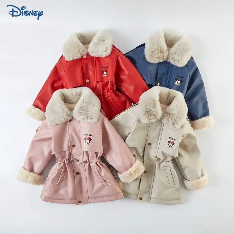 

Disney Mickey Minnie Baby Girl Boy Fleece Inside Jacket Leather Child Fur Collar Coat Winter Thick Outwear Baby Clothes 18M-12Y