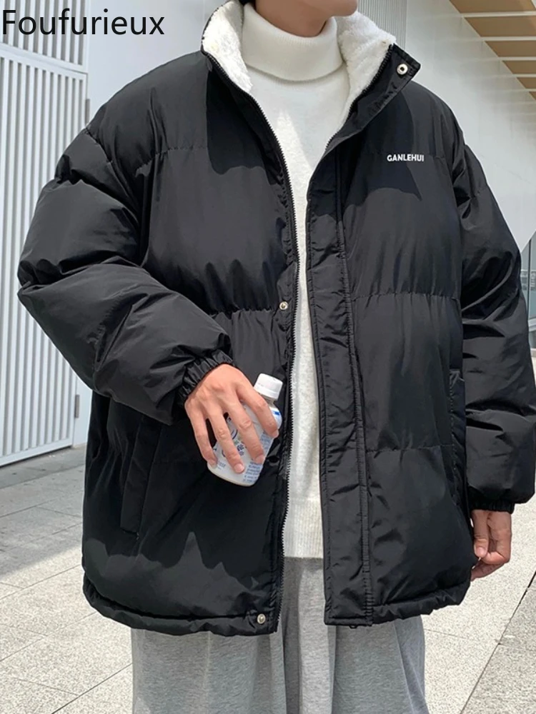 

Foufurieux Men Fleece Harajuku Warm Parkas 2022 Mens Korean Fashion Streetwear Winter Jacket Japanese Style Vintage Bubble Coat