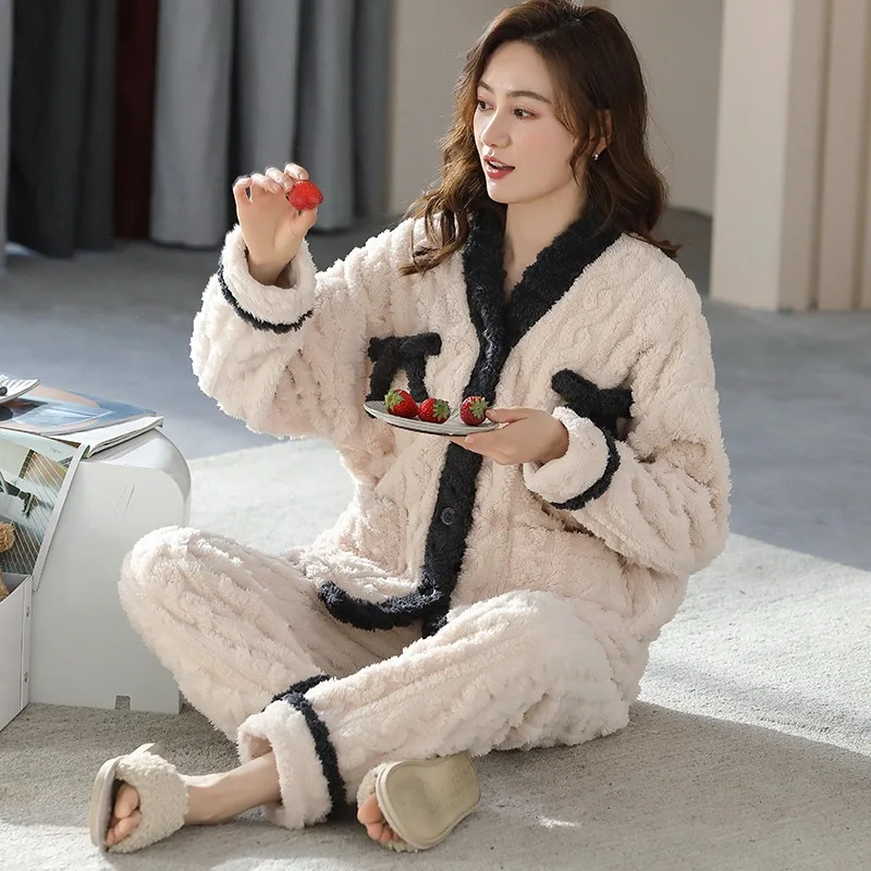 Комплект из двух предметов для женщин Фланелевая пижама осень и зима штаны с