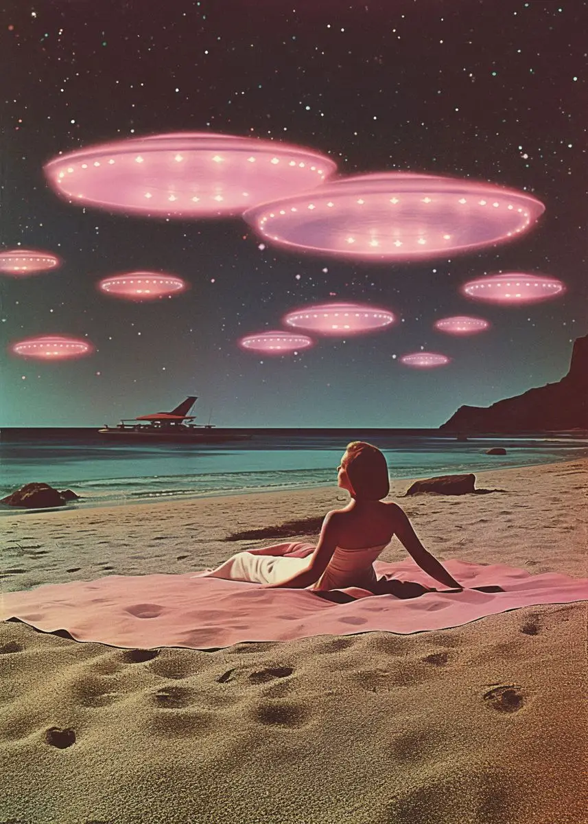 

Печать на холсте "Винтажный психоделический розовый инопланетянин НЛО с женщиной"