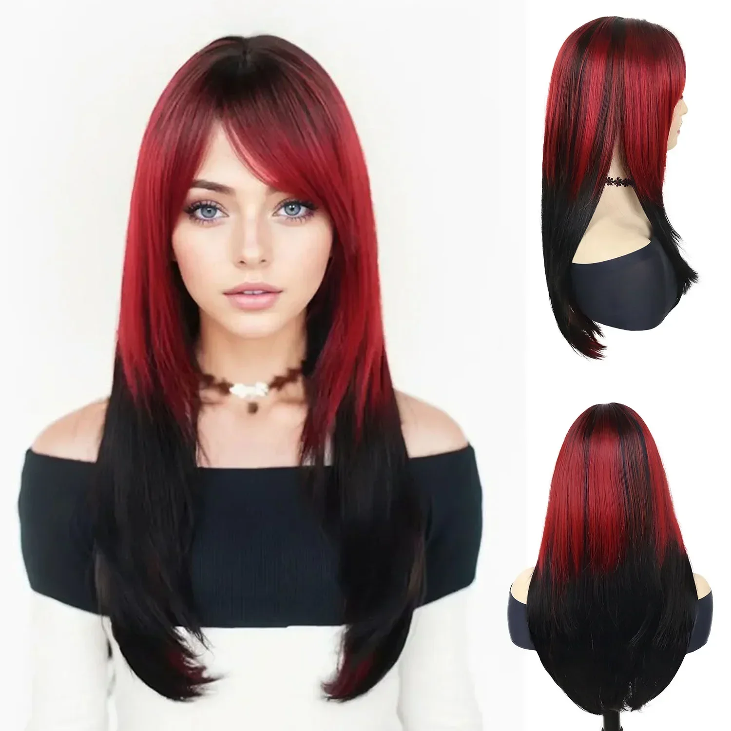 Красные и черные парики для женщин Синтетические волосы Длинный прямой парик с