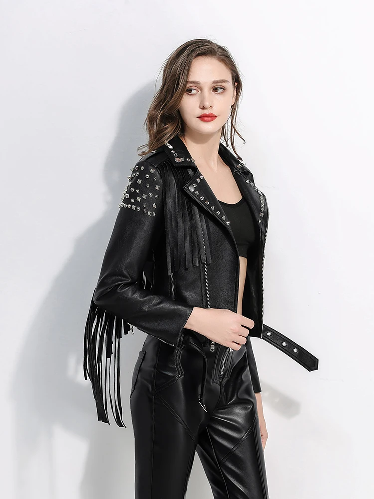 Tide Brand Artificial Leather Jacket PU Coat Print Graffiti Rivets Fringed Punk Coats Women Locomotive Clothing Black Tops DJ689