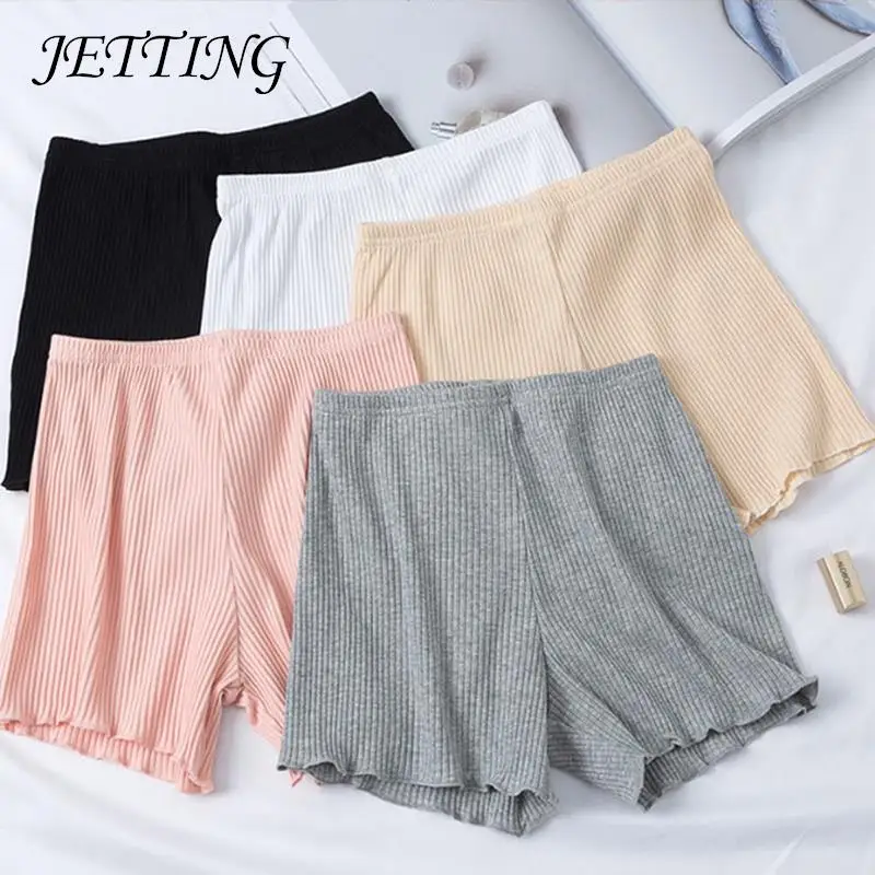 

Women Summer Thin Safety Pants Ribbed Striped Ruffle Seamless Stretchy Cotton Underpants Solid Color Agaric Hem Boxer Shorts