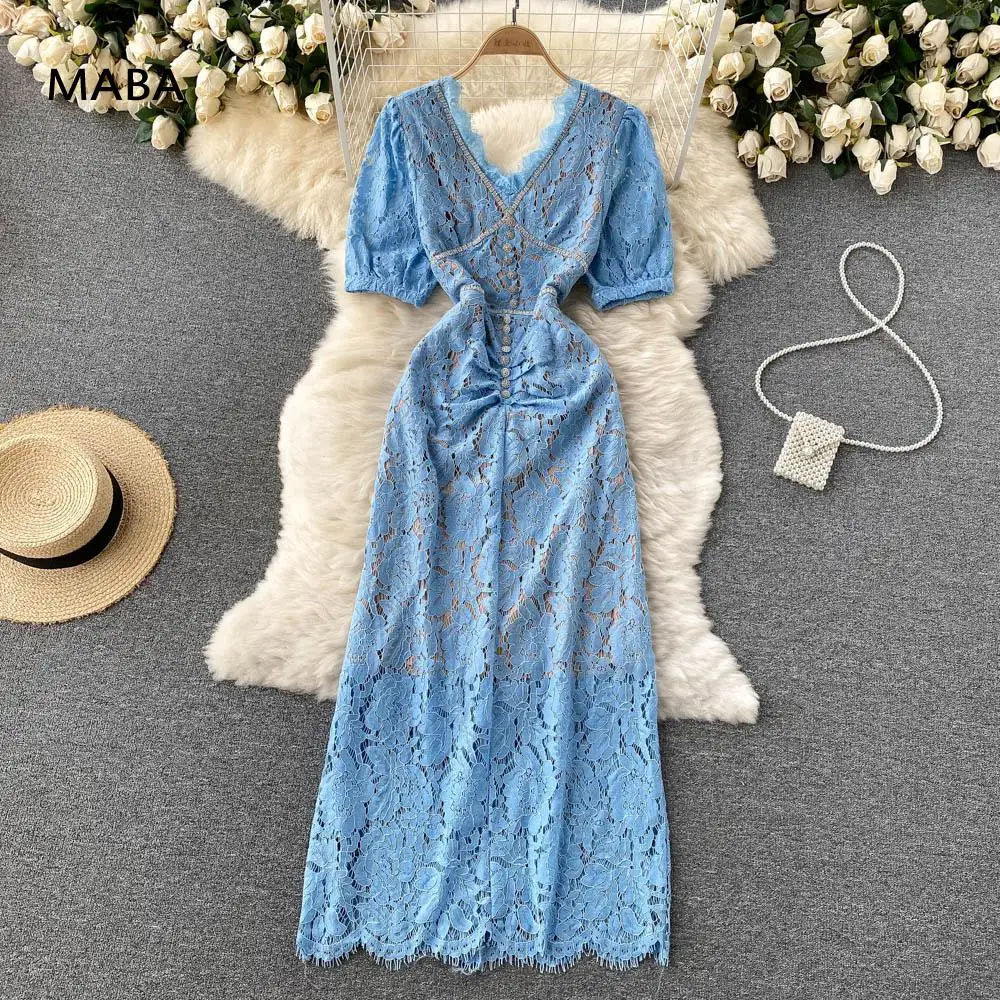 

New Puff Short Sleeve Summer Dress Women Luxury Designer Fashion V-neck Slim Button Lace Hollow Out Long Dress Elegant Formal