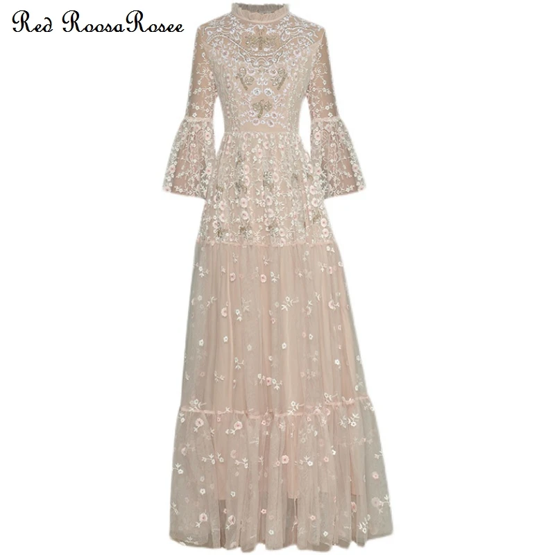 

Красное роскошное платье RoosaRosee с вышивкой бисером и рукавами-фонариками три четверти, Элегантное Длинное Платье Wemen, дизайнерское платье 2022...