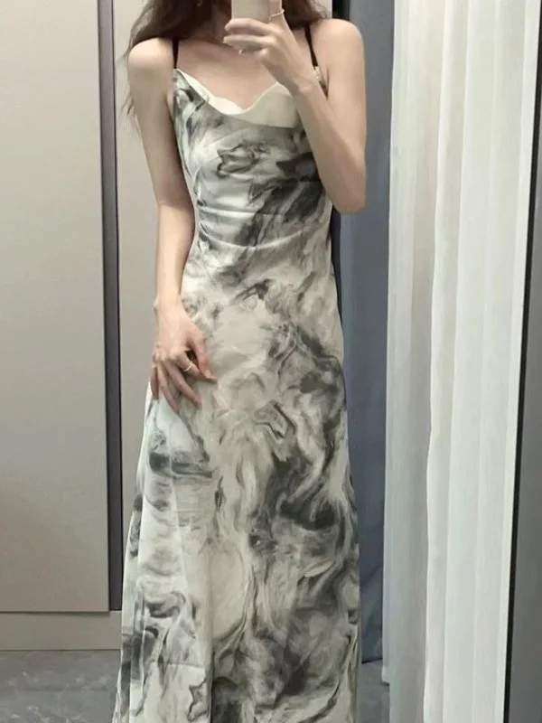 Платье на бретельках в китайском стиле Элегантное летнее новое платье с открытой