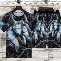 3d wolf print t shirt shorts 2 piece outfit tracksuit short sleeve sportswear jogging suit set man streetwear clothes for men