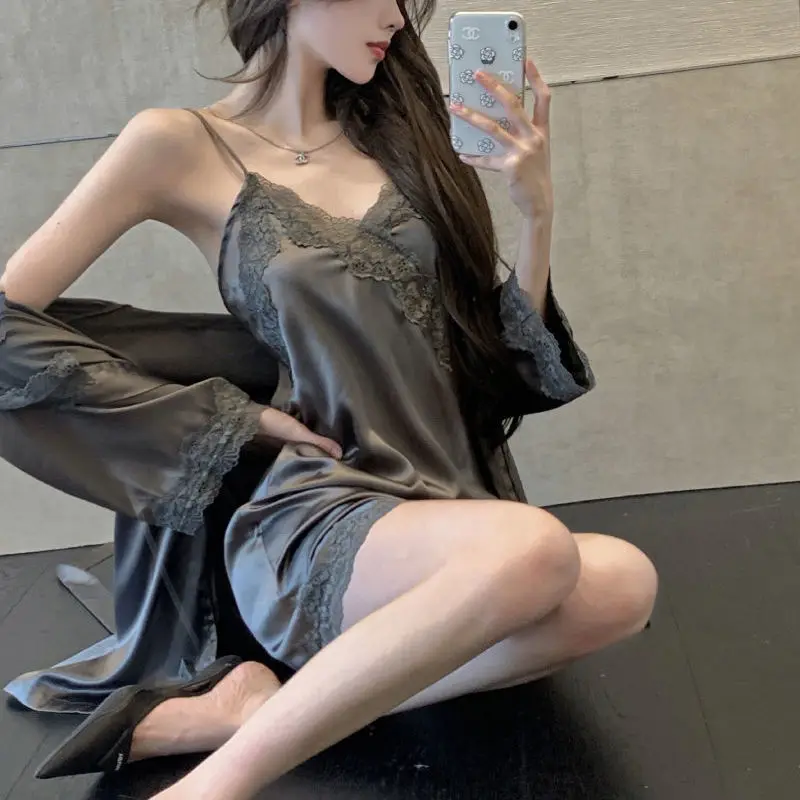 

Silk Nightgown Lace Ice Sense Aut Thin Sexy Satin Sling Nightgown Two-piece Robe Set Sleepwear Women Pyjama Sleep Tops Robe Sets