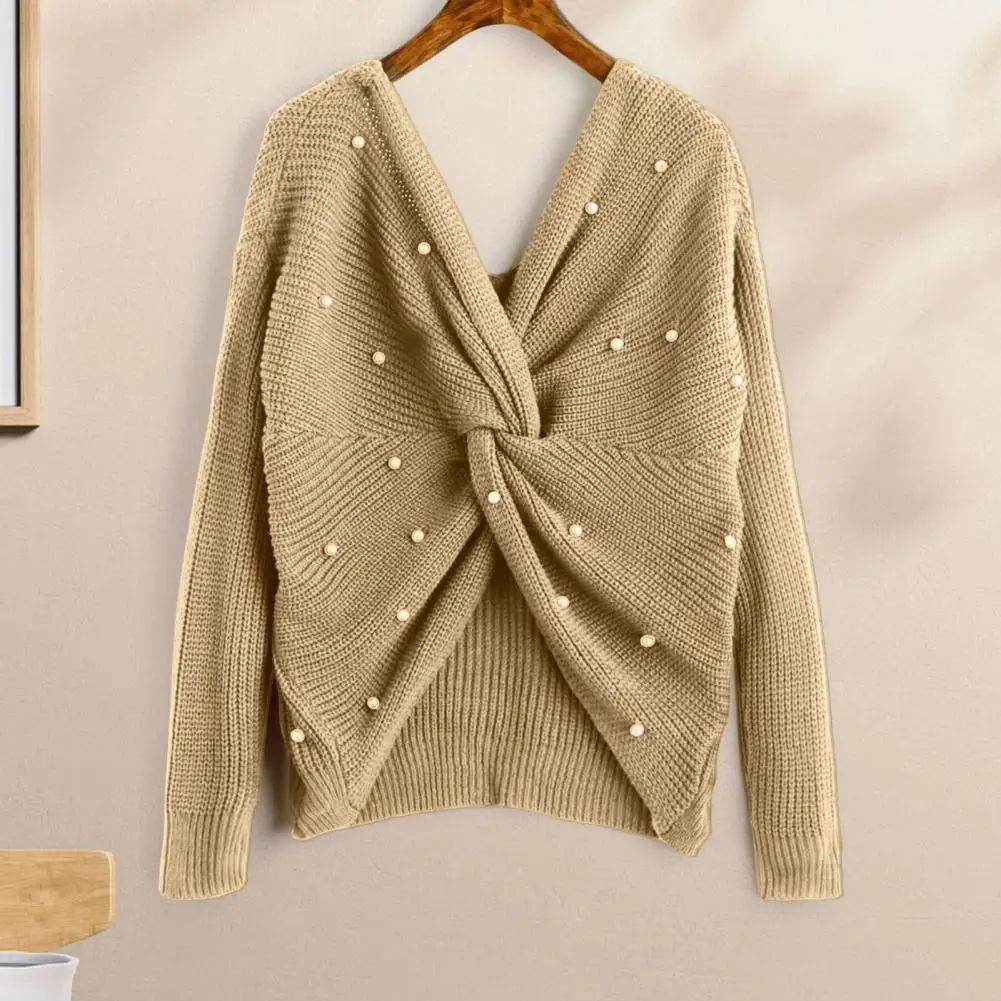 

Knitted Sweater Reversible V-Neck O-Neck Long Sleeve Ribbed Trim Coldproof Thick Women Back Criss Cross Beading Pullover Sweater