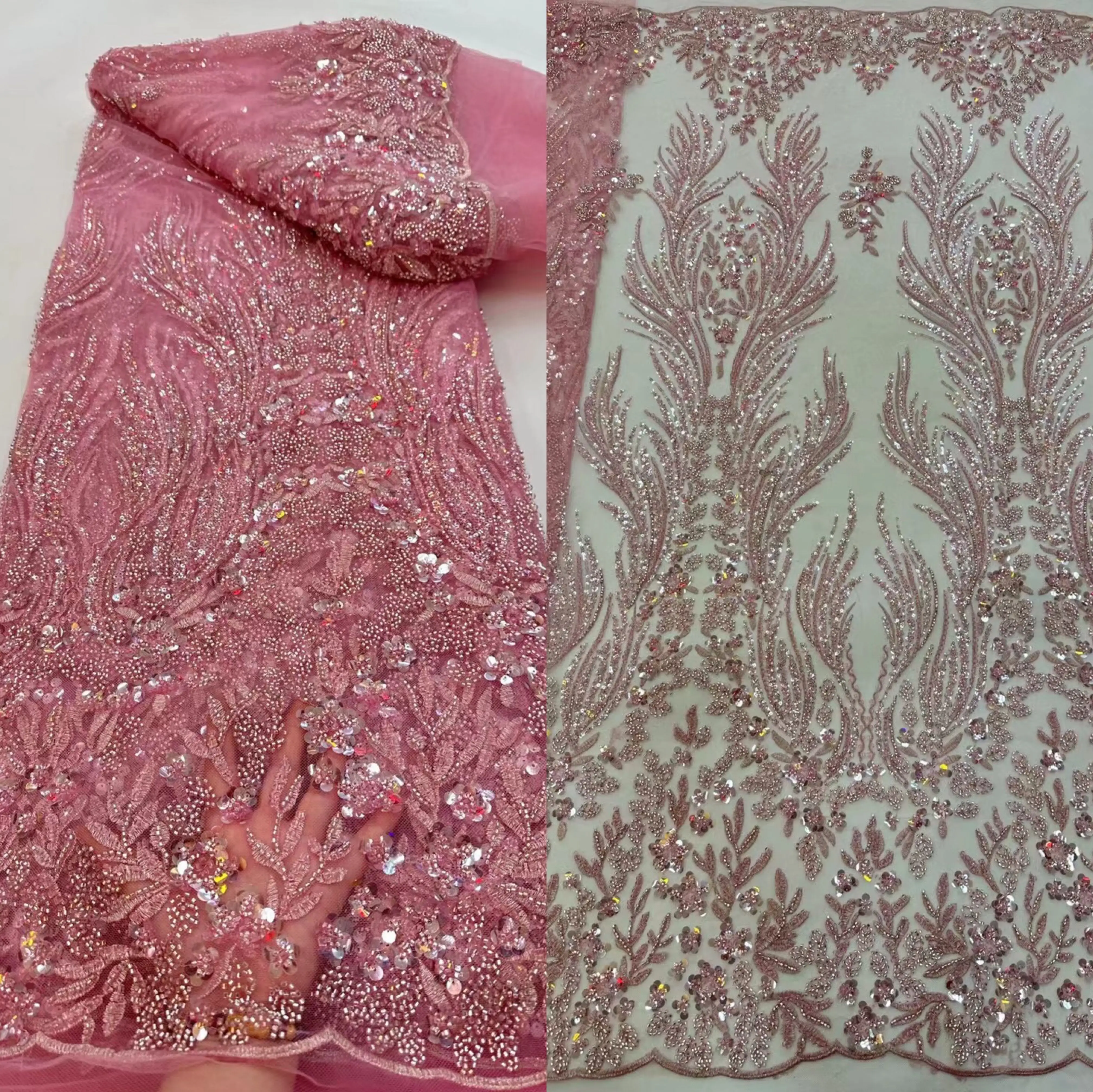 

African Nigerian ZH-1302842 High Quality Tulle Lace Fabric Sequins Embroidery Dresses Beads Sewing