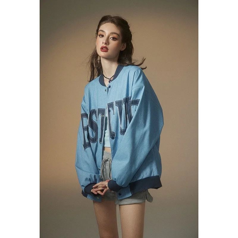 

Autumn Spring Letter Embroidery Retro Vintage Denim Jean Jacket Unisex Men Baseball Bomber Women Varsity Coat High Street