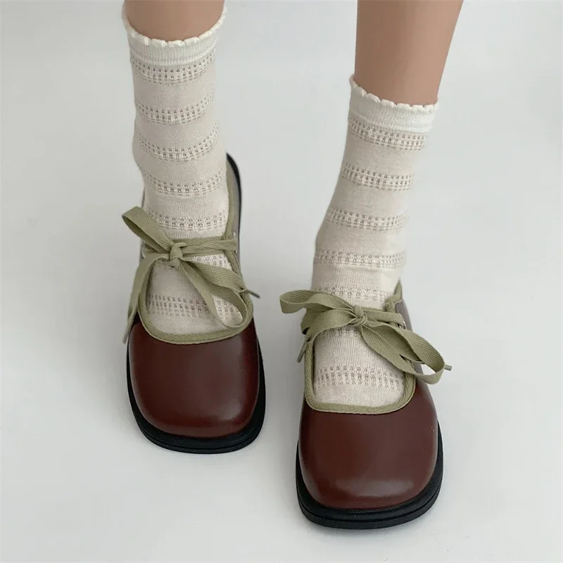 

Женские туфли с квадратным носком, простые туфли Мэри Джейн, на шнуровке, в стиле ретро, осень