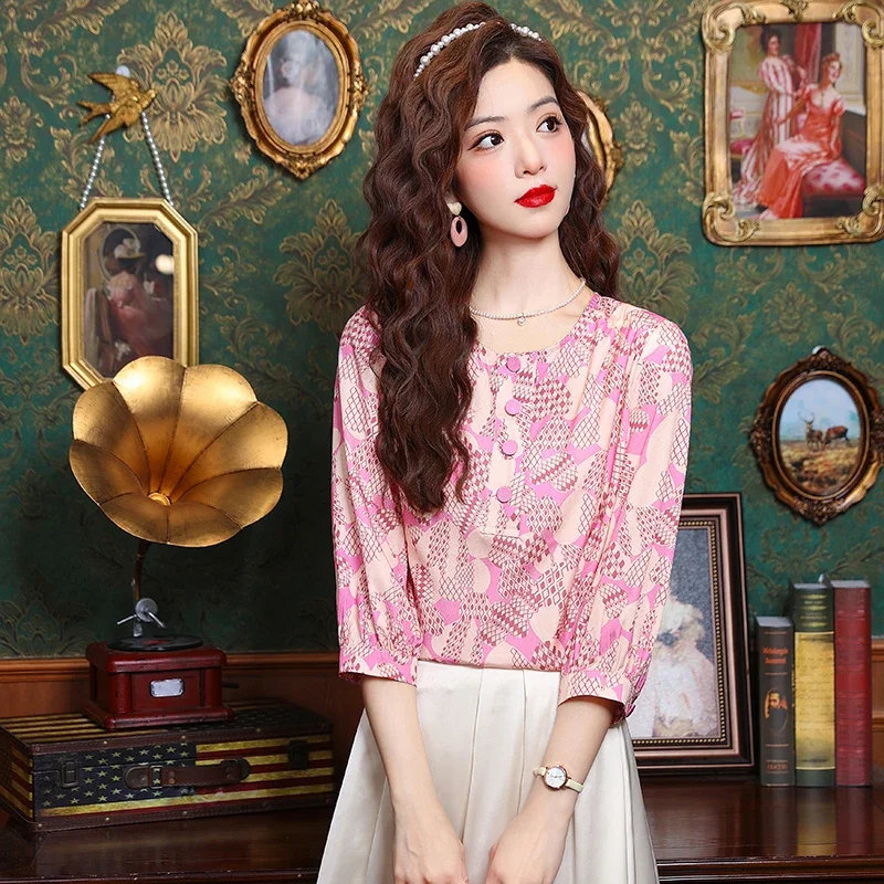 Женская шифоновая блузка с круглым вырезом свободного покроя