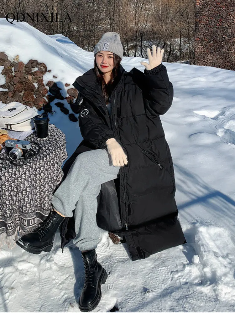 Black and White Winter Long Over Knee Winter Clothes Women Loose Thickened Down Cotton Padded Jacket Warm Clothes for Women