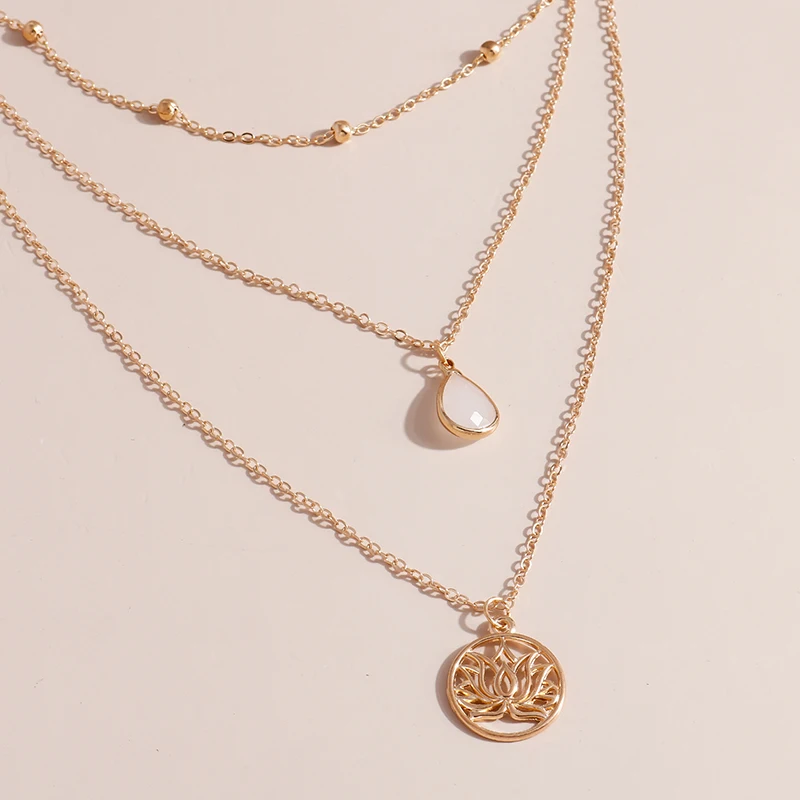 

Trendy Buddhism Multilayer Pendant Necklace Round Hollow Lotus Water Drop Opal Natural Stone Charm Necklace Women Choker Jewelry